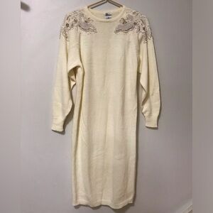 Beaded Cream Knit Midi Sweater Dress